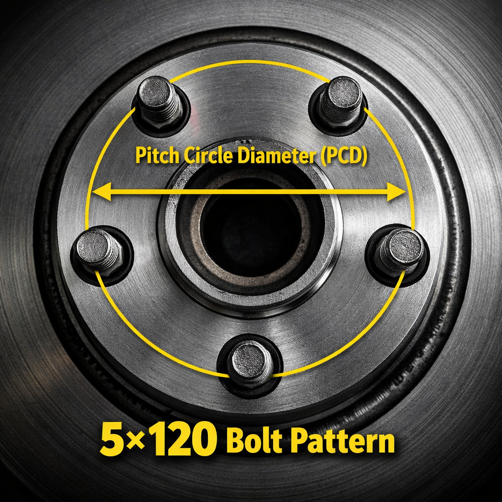 Diagram showing the meaning of PCD and pitch circle diameter on a 5x120 wheel bolt pattern