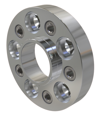 Close-up of a Brightstone Engineering CNC-machined PCD adapter for the 5x110 to 5x112 PCD Adapter (65.1mm to 57.1mm) conversion