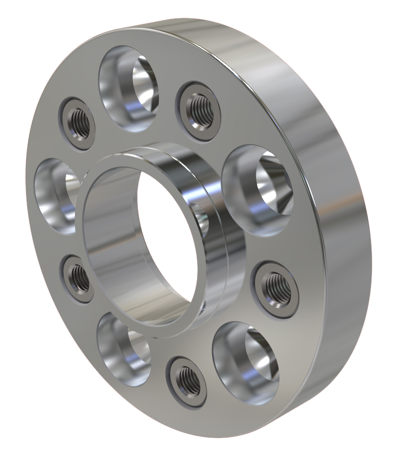 Close-up of a Brightstone Engineering CNC-machined PCD adapter for the 5x108 to 5x112 PCD Adapter (63.4mm to 66.6mm) conversion